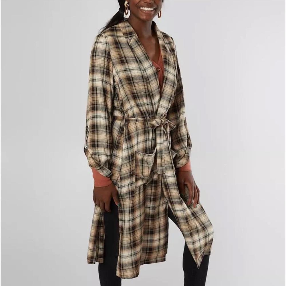 Gilded Intent Black and Tan Plaid Duster Cardigan